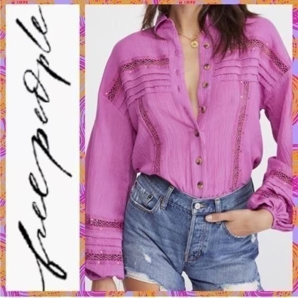 Free People Summer Stars Crochet Trim Boho Button-Down Top